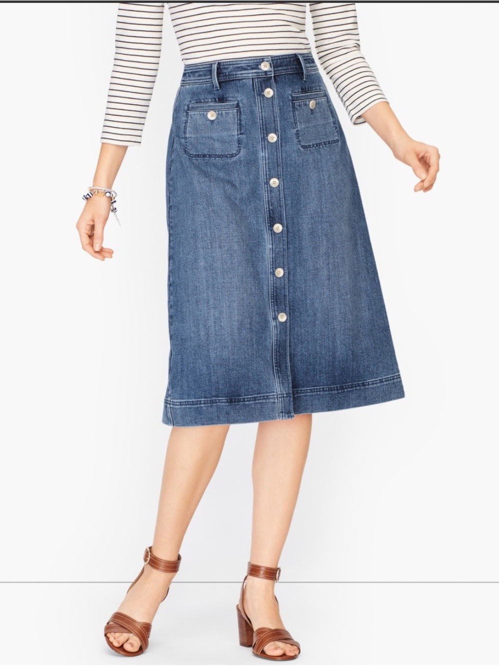 Talbots Button-Front Denim A-Line Skirt in Blue